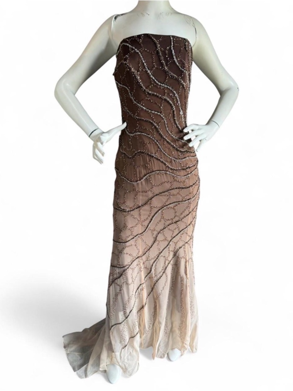Vintage Old Hollywood Strapless Ombre Brown-Beige Evening Gown